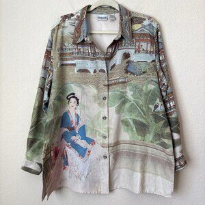 Chico's XL Asian Print Button Up Faux Suede Shirt Shacket